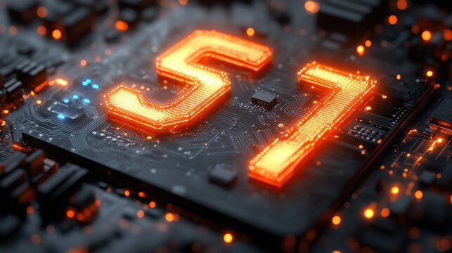 Close-up of a glowing circuit board featuring the number 57, symbolizing technology and innovation