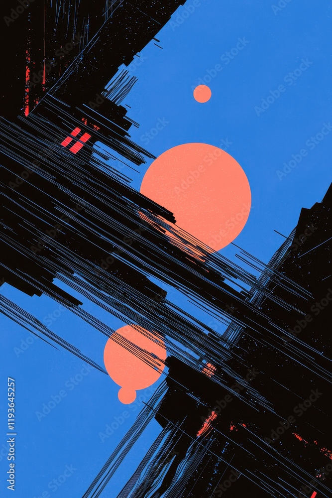 Poster dynamic abstract art with vibrant geometric spheres and contrasting linear textures on a bold blue c