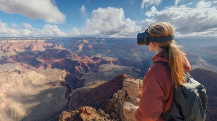 Female traveler experiencing virtual reality at the grand canyon