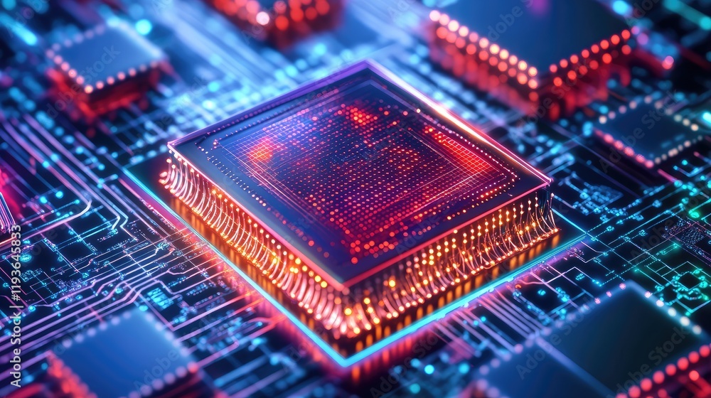 Poster quantum computing design concept, showcasing quantum chips and interconnected qubits in an abstract,