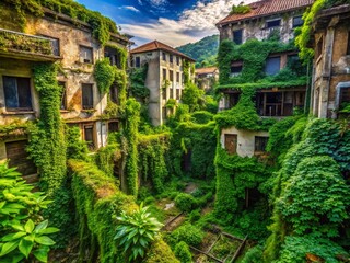 Obraz premium Nature Reclaims City: Overgrown Ruins & Crumbling Buildings - Stock Photo