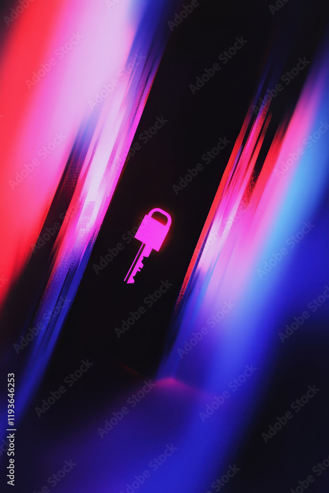 Poster vibrant neon key symbolizing cybersecurity in a futuristic abstract digital design with bold illumin