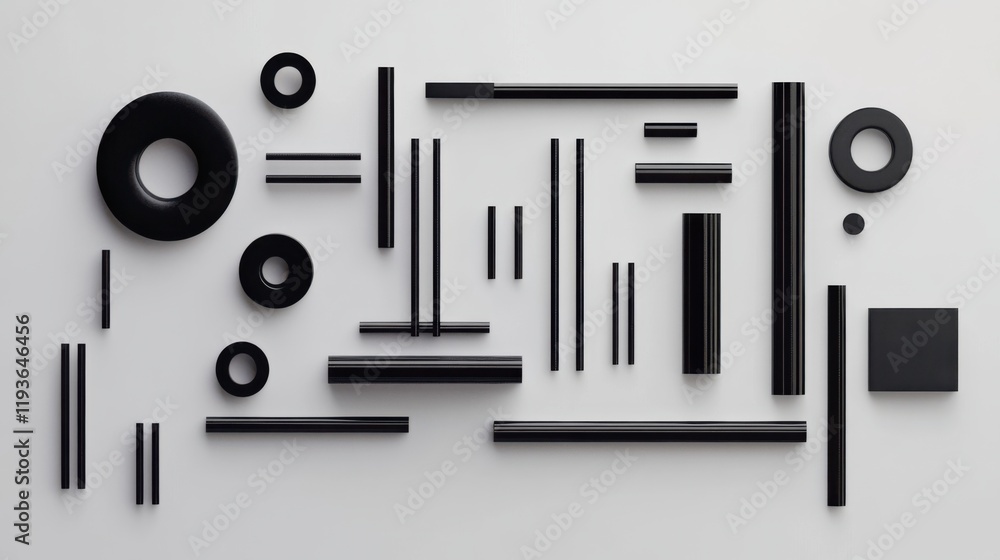 Poster abstract composition of various black geometric shapes and forms on a minimalist gray background for