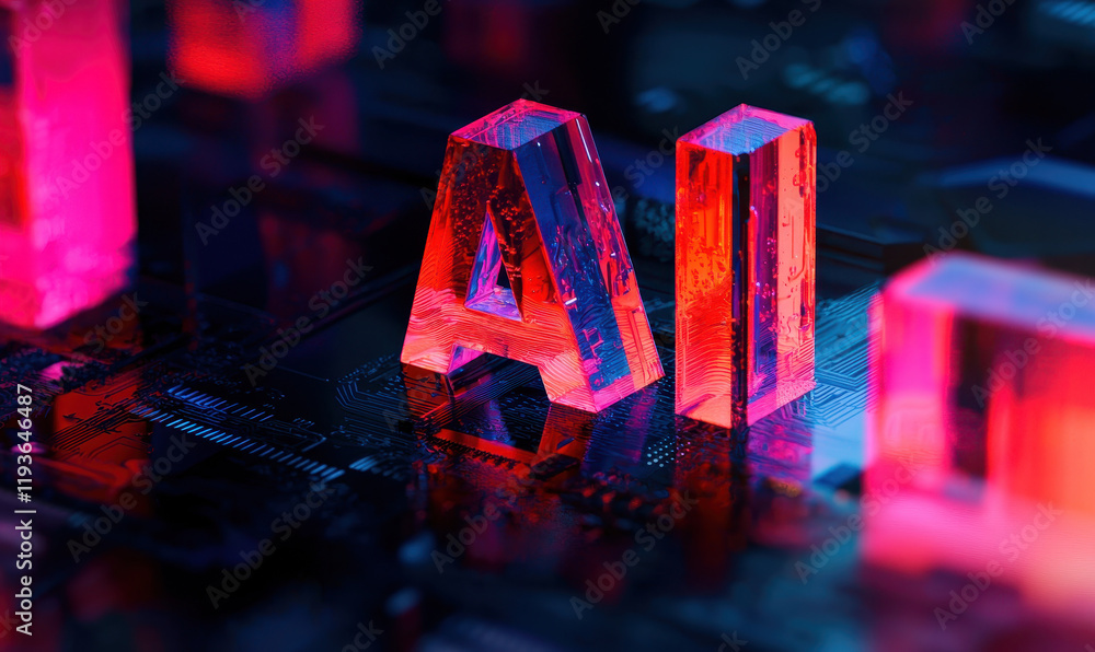 Poster stunning visual representation of ai technology with neon red and blue circuitry