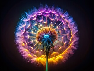 Neon Dandelion Petal: Surreal Close-up Glow Light Photography