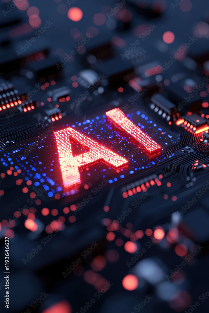 Poster futuristic ai circuit board glowing brightly in neon colors illustrating modern technological innova
