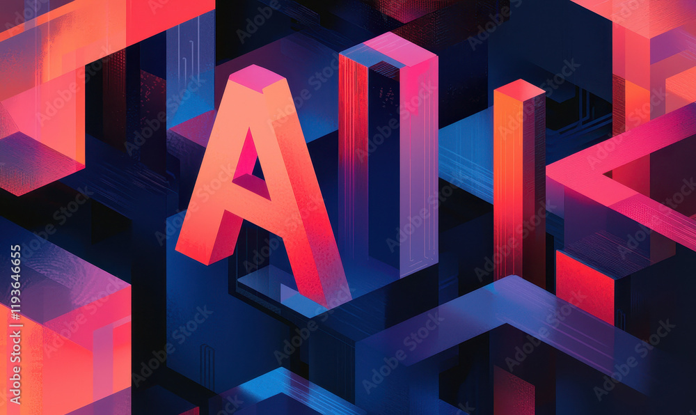 Poster dynamic geometric blocks and vibrant colors in a futuristic digital abstract technology art design