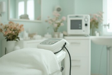 Relaxing Spa Interior: Close-up of a clean, white treatment bed with a modern medical device and a soothing blue-green background. The space exudes tranquility and professionalism.  
