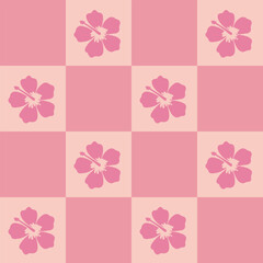 Abstract floral tropical hawaiin checkerboard seamless pattern background with hibiscus flower. AAPi background, modern creative print