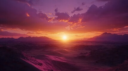 Vibrant sunset over a vast desert landscape with majestic mountains.