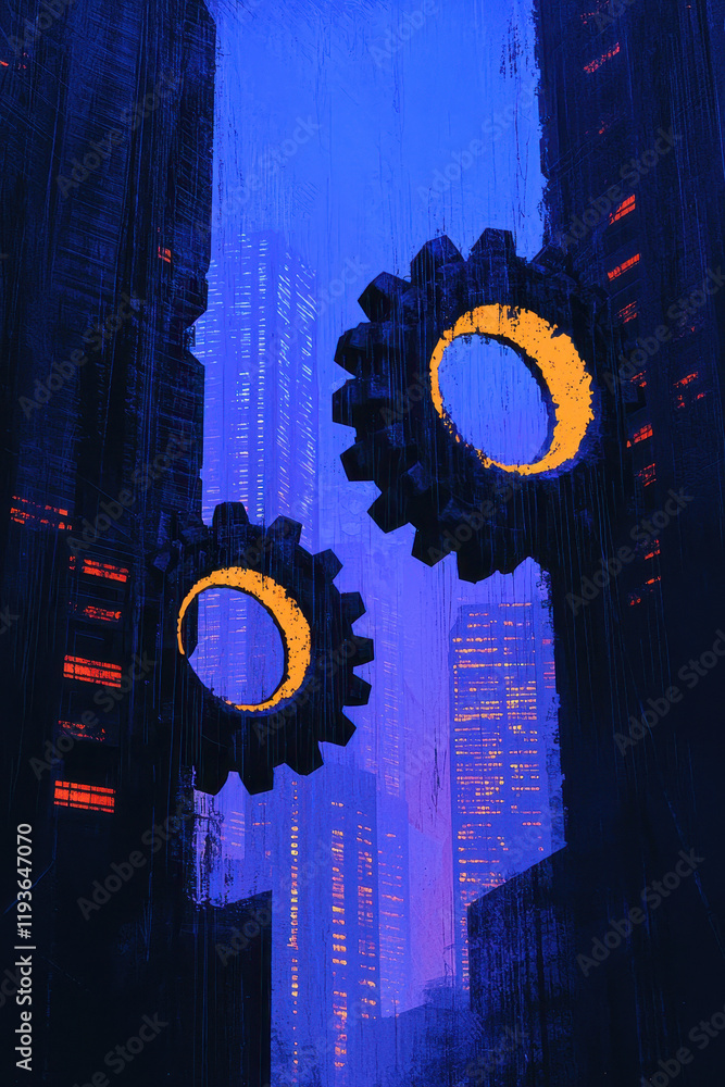 Poster futuristic urban nightscape with illuminated gears symbolizing industrial progress and modern archit