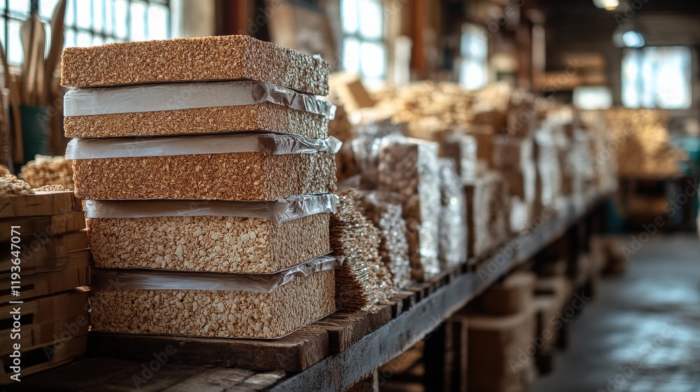 Poster stacked sheets of compressed wood fiber in a workshop setting with warm lighting and an abundance of