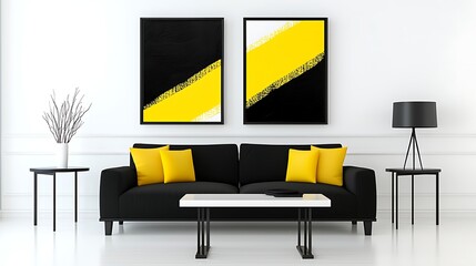 Modern living room with black sofa, yellow cushions, abstract artwork, and stylish decor