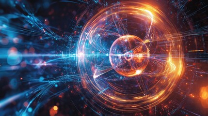 Fototapeta premium Quantum computing design with dynamic energy flows, quantum gates, and sophisticated algorithms displayed on a high-tech interface