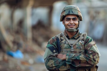 Confident Indian soldier on duty with arms crossed smiling.