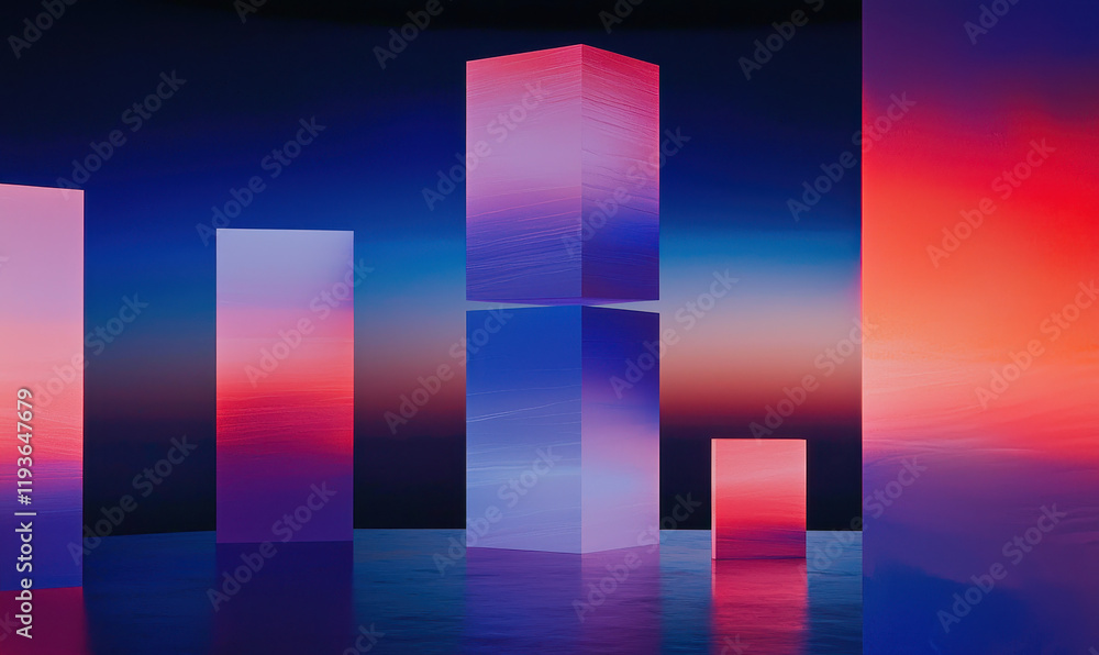 Poster vibrant geometric abstraction: contemporary digital art showcasing dynamic shapes and vivid color gr