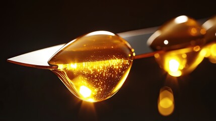 Obraz premium Gleaming drops of fresh honey suspended on a knife's edge