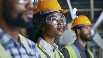 Focused construction crew with safety gear in industrial setting