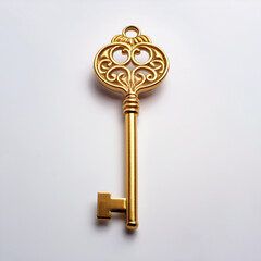 Golden key isolated on white backdrop.