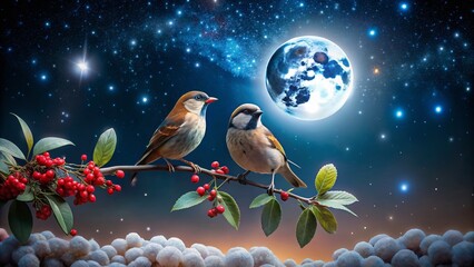 Night Birds Feasting: Two Birds Enjoying a Midnight Meal Under Starry Sky