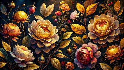 Night Blooming Flowers, Gold Leaf, Dark Background, Artistic Painting, Floral Still Life