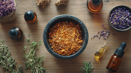 Overhead Shot of Dried Herbs, Essential Oils, and Mortar and Pestle on Natural Wooden Surface for Traditional Wellness Practices