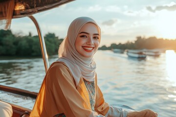 Fototapeta premium Woman in Traditional Attire Smiling While Sitting on a Boat Near Calm Water with a Scenic Background During Sunset, Capturing Joy and Serenity in Nature