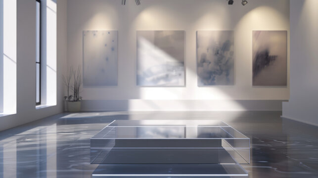 Sleek Glass Podium in Art Gallery with Abstract Paintings, A sophisticated glass podium glowing under soft gallery lighting in a space adorned with abstract paintings.