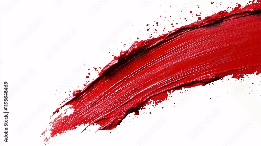 Poster bright red paint stroke on a white canvas with splattered texture and depth
