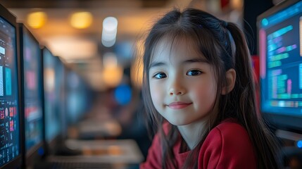 Young girl in a tech-focused classroom smiling during a coding session
