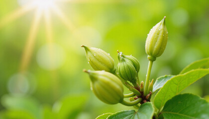 Fototapeta premium Green flower buds with dewdrops in sunlight against blurred foliage 