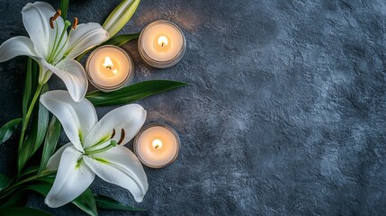 Elegant white lilies and softly glowing candles create a serene and tranquil atmosphere. © Nathan
