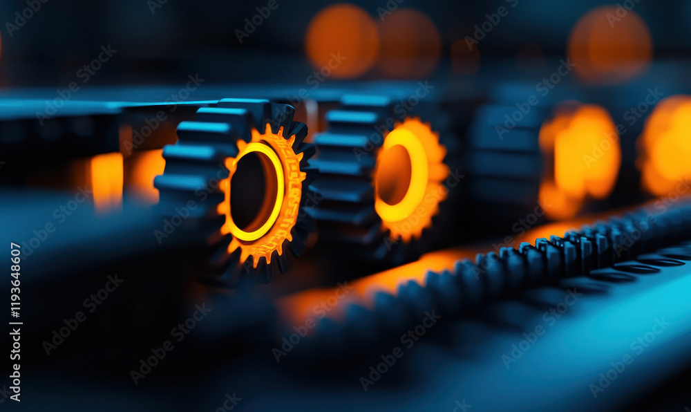 Poster close-up of glowing gears illuminating machinery in modern industrial setting highlighting precision