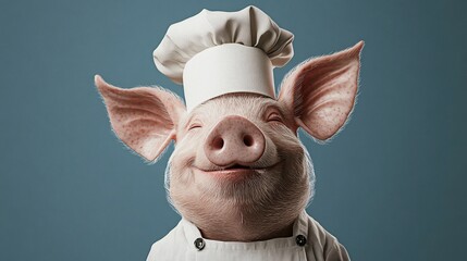 A cheerful cartoon pig chef wearing a white hat and apron, smiling against a blue backdrop.