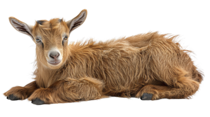 Portrait of a young goat lying down on a white surface