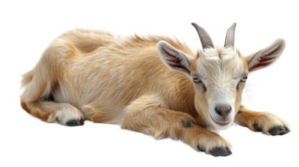 Calm goat on white background indoors