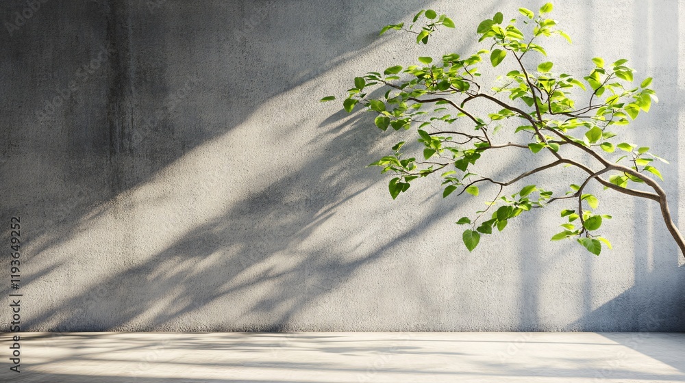 Poster sunlight illuminating a green branch in a minimalistic interior space