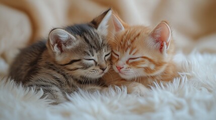 Naklejka premium Two kittens playing gently with each other on a fluffy white carpet. Warm lighting creating a relaxed atmosphere