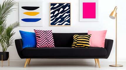Modern living room with stylish black sofa, colorful cushions, and vibrant wall art in a bright space
