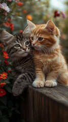 Obraz premium Two kittens sitting together on a garden bench surrounded by blooming flowers.