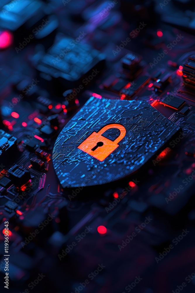 Aufkleber cybersecurity shield on circuit board highlighting digital protection and network security in modern