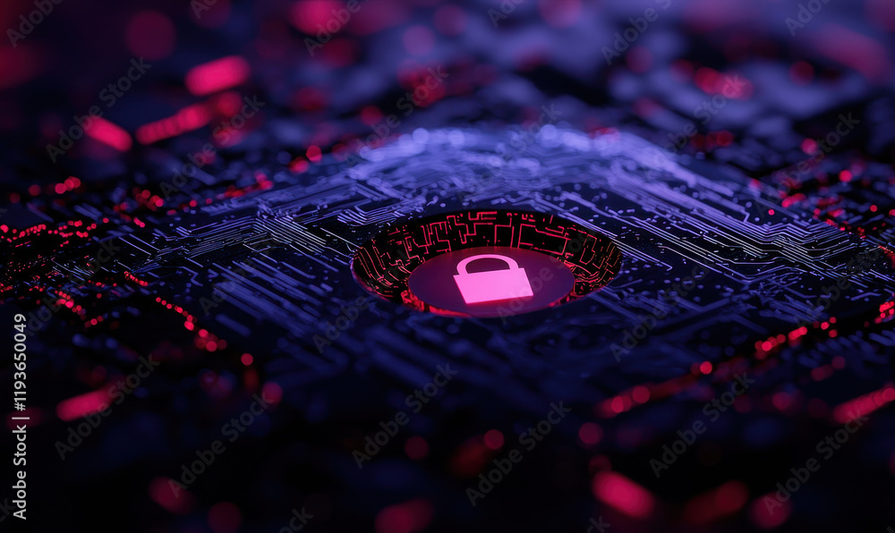 Poster enhancing cybersecurity: digital lock icon on a microchip circuit board illustrates data protection 