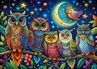 Fototapeta premium Night Owls: Colorful Doodle Birds in Isolated Dark Night Scene
