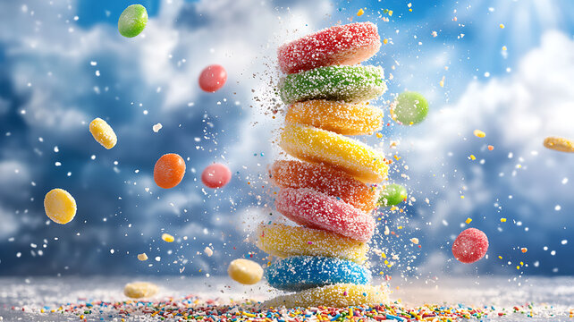 Rainbow gumdrop tower layers with sprinkles and sugar dust flying in the air, cloddy magical lighting, fantasy-inspired mood Happy National Gumdrop Day concept 