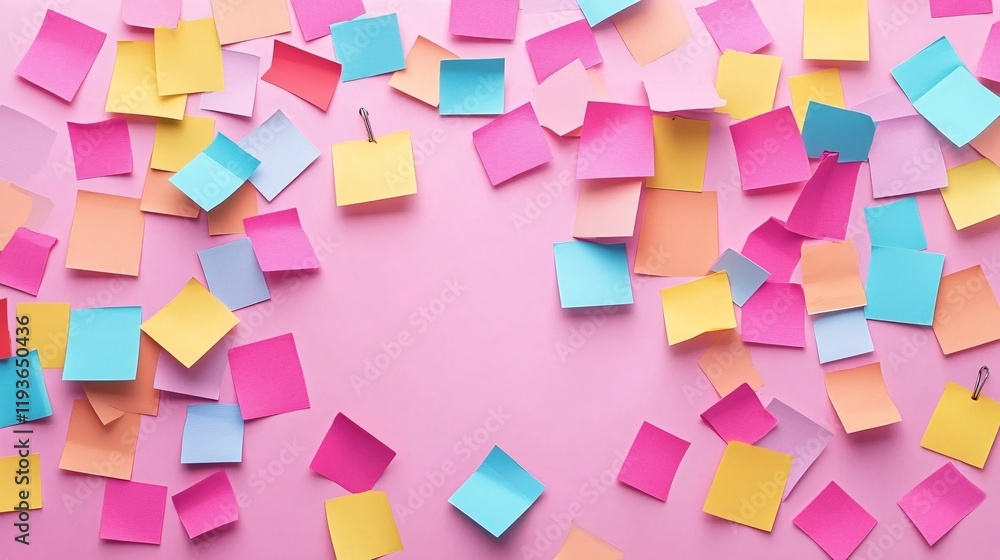 Poster colorful sticky notes on a pink background make a vibrant display of order
