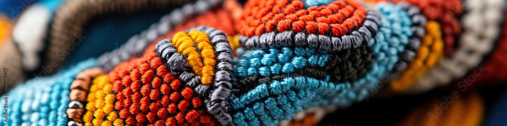 Poster close-up of multicolored textured textile with intricate stitching