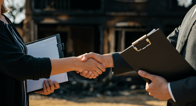 Insurance agent and client shaking hands in front of burned house, finalizing insurance claim agreement