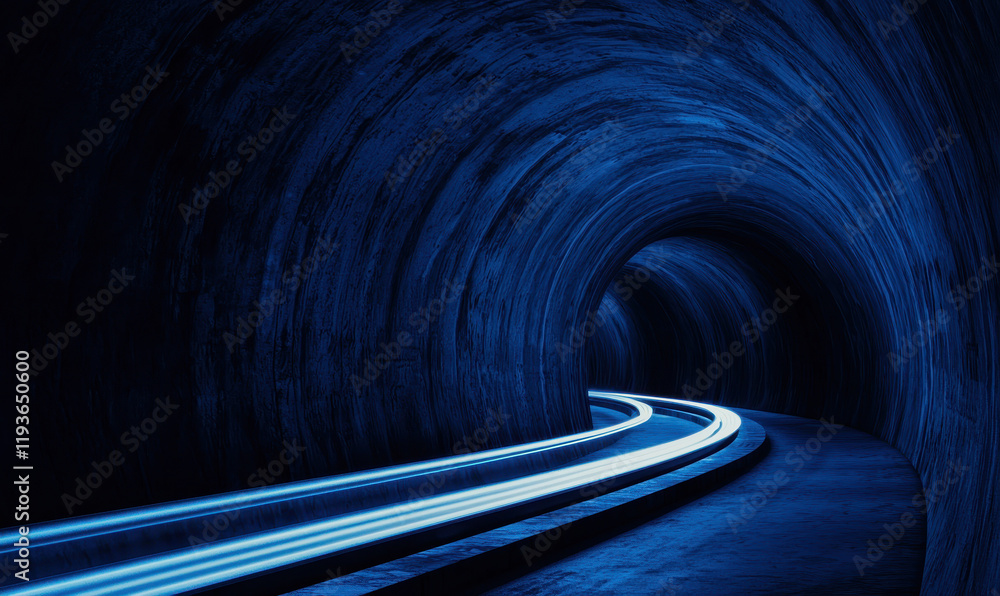 Poster explore a futuristic tunnel with glowing blue lights creating a dynamic flow of energy and motion, c