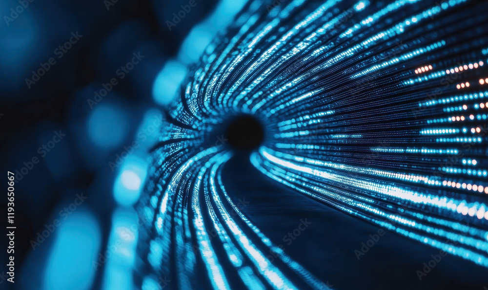 Poster exploring the intricate depths of digital technology: a futuristic abstract vortex illuminated in bl