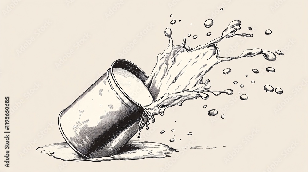 Poster a dynamic splash of milk spilling from a tilted can, creating a lively and fresh atmosphere.